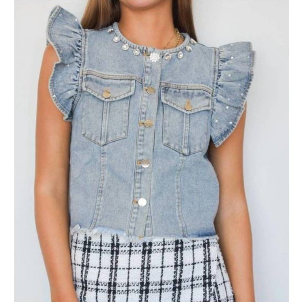 Mainstrip‎ Women's Light Wash Ruffle Sleeve Rhinestone Denim Vest NWT Size S